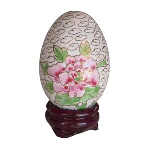Vintage Cloisonné Floral Egg on Wooden‎ Stand – Hand Painted Enamel Decor